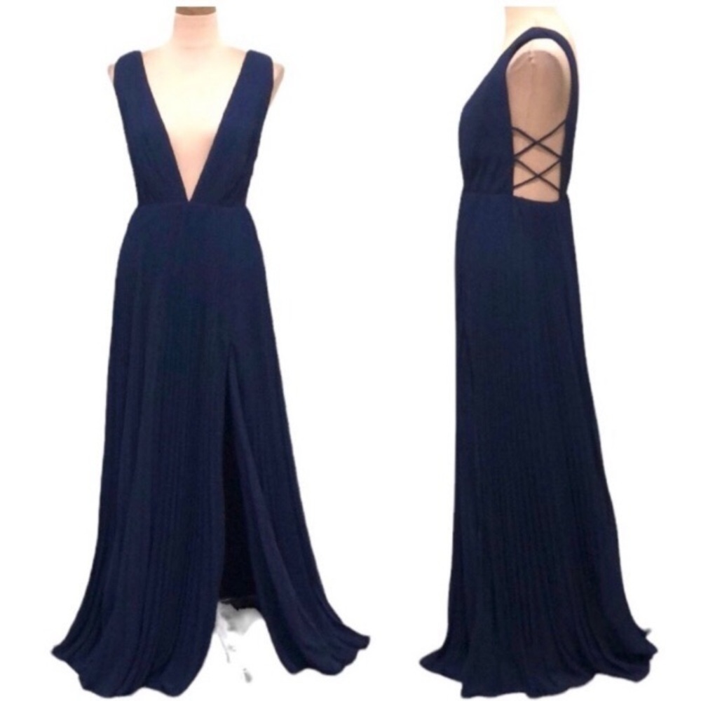 Nwt Fame And Partners Allegra Formal Maxi Dress Size 0 Navy Blue Cutout Gown